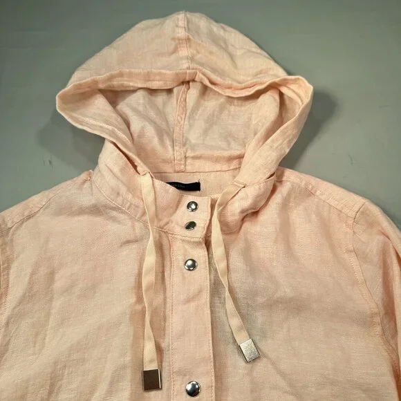 Rachel Roy Linen Hooded Snap Jacket Women Cinch Waist Lightweight Long Sleeve - Picture 12 of 15